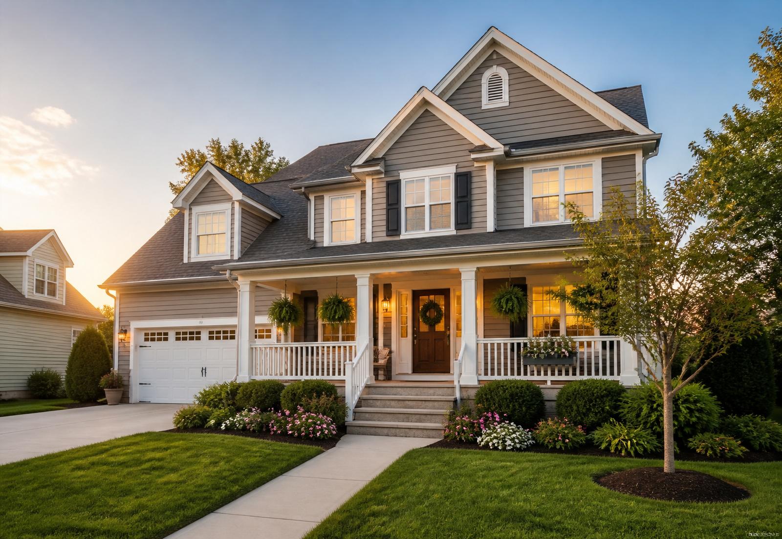 A welcoming family home at golden hour